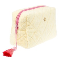 Terry Quilted Make-Up Pouch Small ─ Pale Yellow With Bubblegum Pink